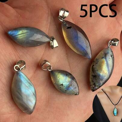 5pcs Natural Stone Pendant, Labradorite Teardrop Moonstone With Blue-Green Sheen, Suitable For Jewelry Making, DIY Necklace, Fashion Accessories, Daily Wear And Gifts (Cord Not Included)