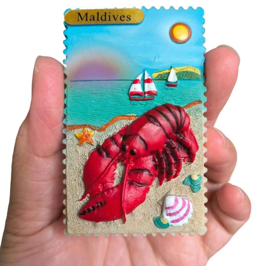 3.5inch Maldives Lobster Stamp 3D Fridge Magnet, Beach Travel Souvenir Magnetic Sticker - one-size - View 1
