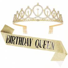 2pcs Crystal Decor Birthday Party Crown And Belt Set, Modern Party Crown And Belt Set Suitable For Home Use - Multicolor - View 9
