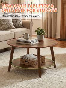 Coffee Table Small Space Round Wooden Coffee Table With 2-Tier Storage Thick Wood Center Table With Tapered Legs And Curved Transitions Modern Circle Table For Home Office Living Room Bed Room, Brown - 棕色 - 查看 5