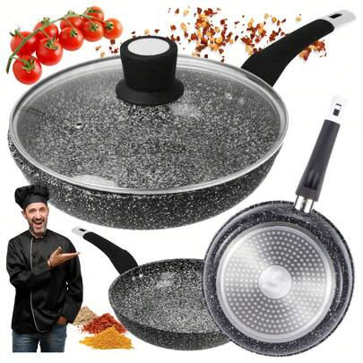 Bratpfanne Stone Tec 22/24/26/28/30 cm + Deckel. Stone & Stone Antihaft-Bratpfanne im Stein-Induktionsstahlboden, Profiköche, 50 % Rechnungsersparnis + Deckel, Antihaft-Bratpfanne mit Deckel, Eierbratpfanne mit Antihaft-Steinbeschichtung, Gesunde & Granit-Bratpfanne, Schwarz