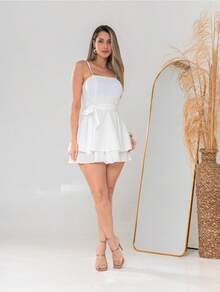 Women's Short Romper Dress With Bow, Solid Colors - 白色 - 查看 5