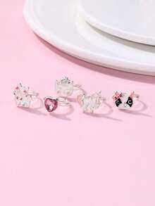 5pcs/Set Zinc Alloy Cat & Unicorn Pink Acrylic Heart Shaped Adjustable Rings, Suitable For Children Daily Wear - one-size - View 5