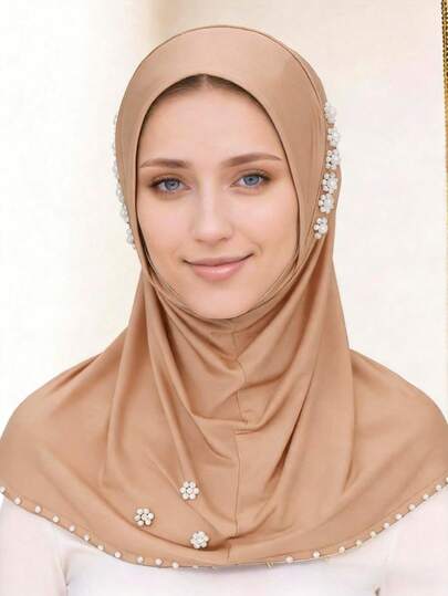 1pc Solid Color Polyester Outdoor Women Pearl Elastic Muslim Headscarf, Suitable For All Seasons