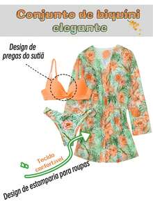 3-Piece Bikini Swimsuit Set With Positioning Print, Beachwear And Women's Vacation Fashion - Naranja 1 - Ver 8