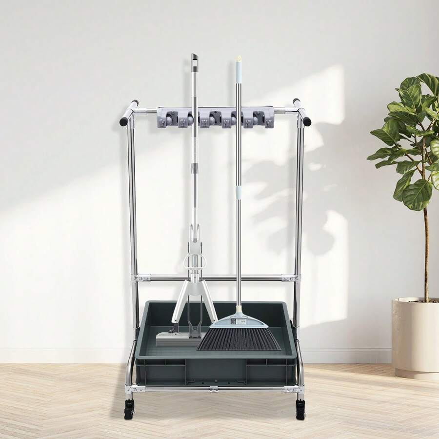 Mop Holder  Movable Floor-Mounted Mop Rack Mobile Cleaning Trolley - Silver - View 1