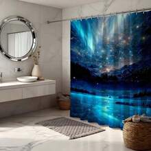 “蓝色极光星空浴帘，令人惊叹的北极光笼罩着冰封的湖面和雪山，防水涤纶浴帘套装，带挂钩，太空景观浴室装饰，天文爱好者的理想之选，梦幻夜空家居装饰，发光效果浴帘” - 深藍 - 查看 7