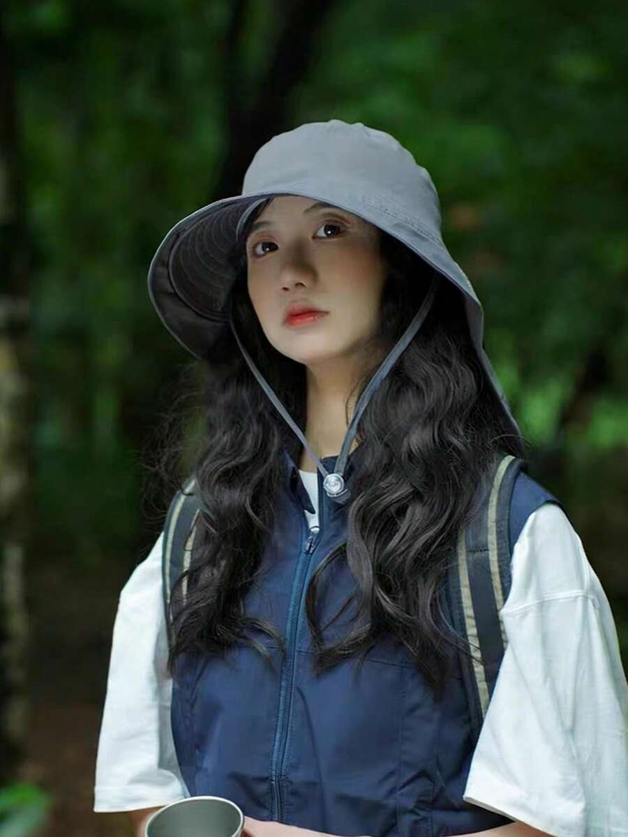 Mountain Outdoor Hiking UV Resistant Neck Protection Bucket Hat, Large Brim Covering Face Windproof Rope Sunshade Hat, Rear Cranial Ponytail Opening Hat, Daily Sunshade Hat, Double Cloak Hat, Breathable Material