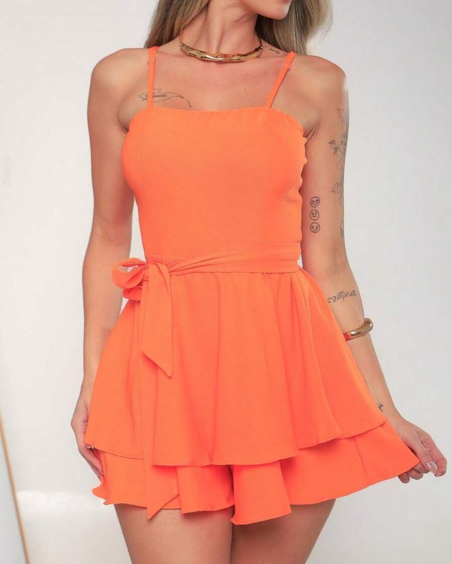 Women's Short Romper Dress With Bow, Solid Colors - 橘色 - 查看 1
