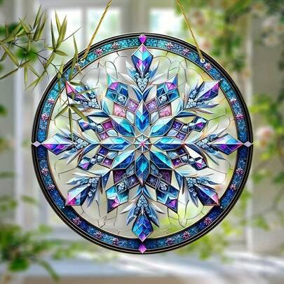 Stained Glass Snowflake Acrylic Suncatcher, Winter Window Hanging, Crystal Ornament, Christmas Decor, Boho Wall Art, Gift For Her, Garden Charm, Blue Purple Mandala, Festive Home Accent, Light Catcher