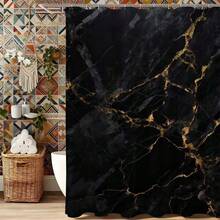 “黑金大理石纹理浴帘，惊艳的黑金大理石纹理，闪耀的金脉，防水涤纶浴帘套装，带挂钩，高端奢华浴室装饰，现代家居，酒店水疗风格浴室配件” - 黑金 - 查看 6