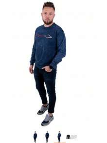 Men's Long-Sleeved T-Shirt, Blouse, Long, Sweatshirt, Round Neck, Sleeves Finished With Cuffs, Bottom Of The Sweatshirt Finished With A Cuff, The Blouse Is Perfect For Any Season And For Going Out With Friends As Well As For Work. - Navy Blue - View 1