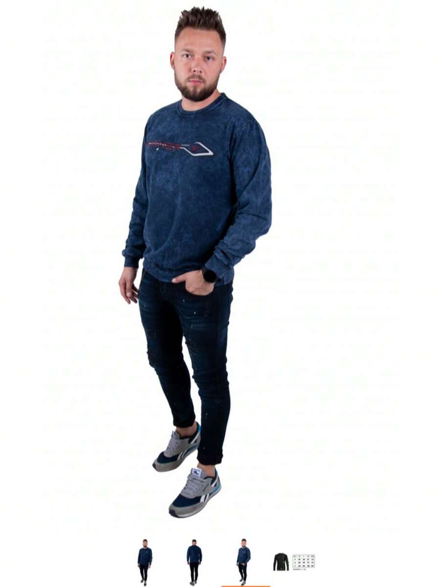 Men's Long-Sleeved T-Shirt, Blouse, Long, Sweatshirt, Round Neck, Sleeves Finished With Cuffs, Bottom Of The Sweatshirt Finished With A Cuff, The Blouse Is Perfect For Any Season And For Going Out With Friends As Well As For Work. - Navy Blue - View 1