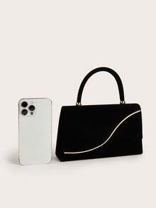 优雅闪亮丝绒材质晚宴手拿包，时尚迷人的链条婚礼手提包，适合女孩、女士、大学生，是派对、婚礼、盛大晚宴的完美之选，与节日派对礼服、晚礼服和亮片连衣裙完美搭配。 - 黑色 - 查看 6