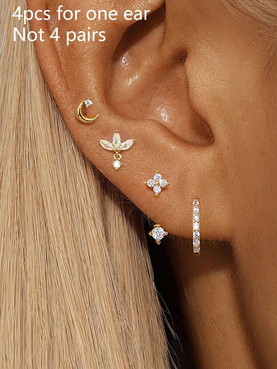 4件套精美月光花不锈钢锆石耳环套装，女士18K镀金耳钉耳骨穿刺饰品 - 月亮1金 - 查看 1