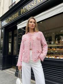 Women's Pink Fringe Trim Jacket, Elegant Eye-Catching Winter Coat, Charming Party Outfit For Christmas And New Year's Eve, Luxury Evening Jacket - Pink - View 1