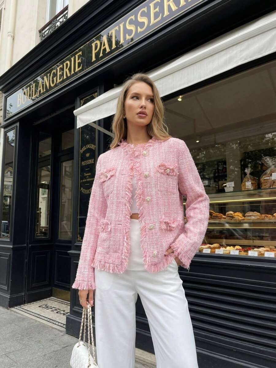 Women's Pink Fringe Trim Jacket, Elegant Eye-Catching Winter Coat, Charming Party Outfit For Christmas And New Year's Eve, Luxury Evening Jacket - Pink - View 1