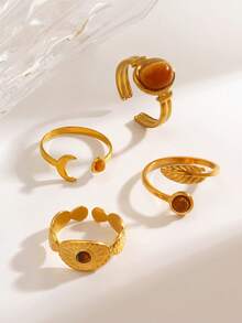 4pcs Stainless Steel Moon, Leaf, Oval Tiger Eye Stone Rings Set, Suitable For Women's Daily And Party Wear - Multicolor - View 4