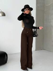 SQUALO Women's Wide Leg Color With Pocket Details Destroyed Retro Washed Street Style Jeans Ripped And Cutout Wide Leg Jeans - Coffee Brown - View 7