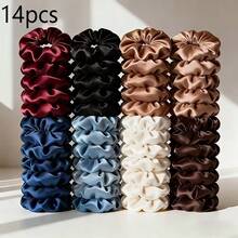 14pcs/7pcs/6pcs Random Dark-Tone Satin Scrunchie Set, Suitable For Ponytail, Bun And Various Hairstyles, Versatile Satin Scrunchies With Rhinestones - Multicolor - View 13