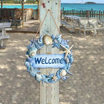 1pc 2D Printed Ocean Theme Wooden Porch Sign, Beach Shell Decor For Home Hanging Ornament, Also A Nice Outdoor Decoration