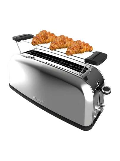  Cecotec Toastin' Time 850W - Vertikaler Toaster mit langer, breiter 3,8 cm Schlitz, Edelstahl-Finish, Auto-Pop-up, 7 Röstgrad-Einstellungen, Aufwärmen & Auftauen Funktionen, Zentriersystem für gleichmäßiges Toasten, herausnehmbare Krümelschublade, Oberstäbe für große Backwaren