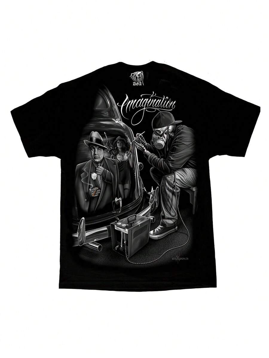 DGA D Gonzales Imagination Lowrider Chicano Art T-Shirt| Black Graphic Tee With Vintage Car And Character Design, Bohemian Style, Short Sleeve, Regular Fit, All-Season Wear, Casual Streetwear, Crew Neck, Slight Stretch Fabric - 黑色 - 查看 1