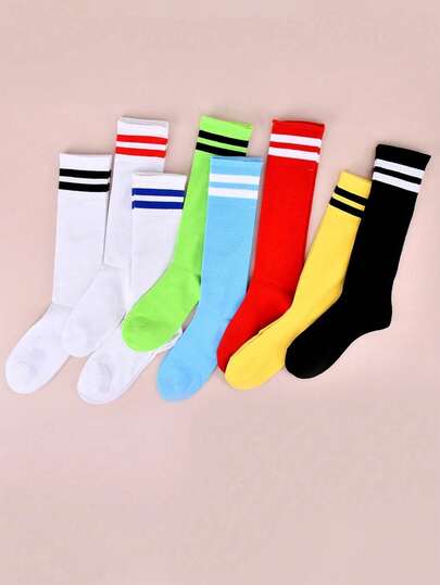 3-9 Years Old Kids Striped Sports Socks, 3 Pairs Random Colors, Children Football Socks, Seasonal Calf Socks