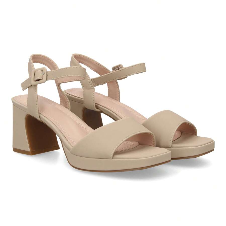 shoes&blues.es Sandalia de tacón ancho con plataforma para mujer, tacón y altura cómodos,  estructura de tira frontal y cierre con pulsera ajustable de hebilla en el tobillo. Ideal para eventos - Beis - Ver 1