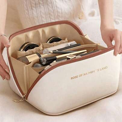 1pc PU Leather Waterproof Dustproof Makeup Bag, Cosmetic Organizer Pouch, Portable Toiletry Bag, Skincare Bag, Large Capacity Double Layer With Compartment, Suitable For Home Organization, Display, Travel, Great Gift For Family And Friends, Holiday/Anniversary Gift