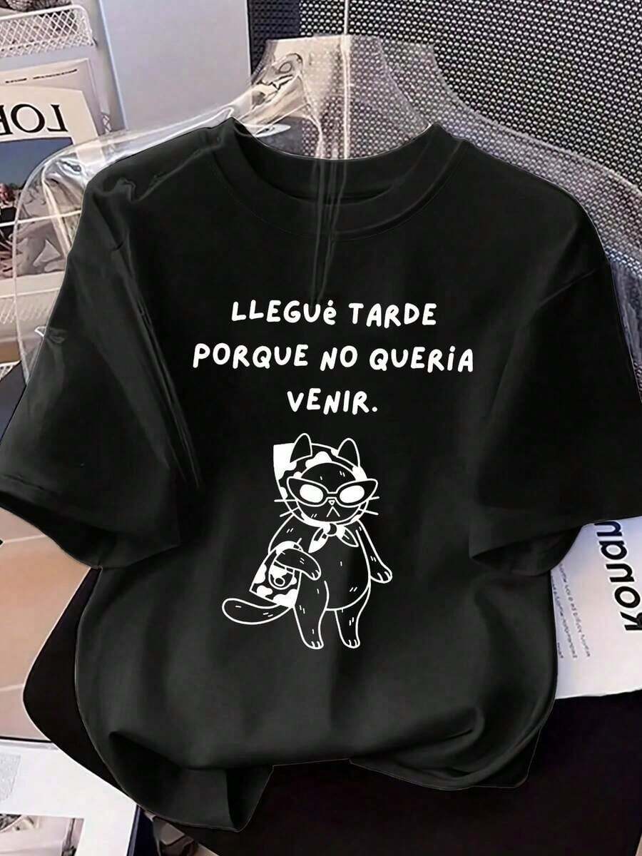 2026 New Products Of Great: Women's Round Neck Cotton T-Shirt, With Spanish Style Cat Print, Casual Short Sleeve, Shipping From Mexico. - 黑色 - 查看 1