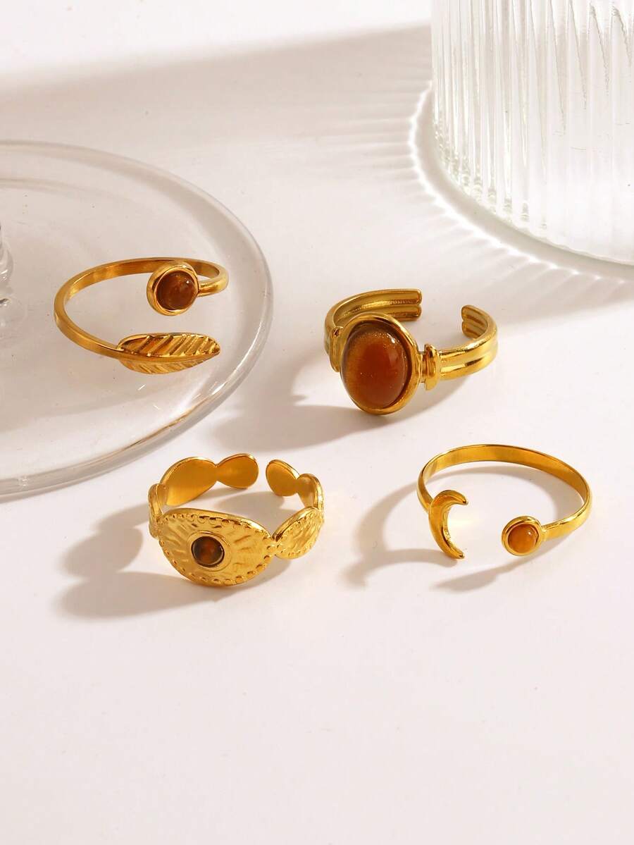 4pcs Stainless Steel Moon, Leaf, Oval Tiger Eye Stone Rings Set, Suitable For Women's Daily And Party Wear - Multicolor - View 1