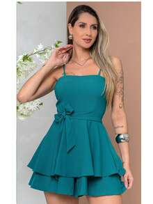 Macaquinho Vestido Feminino Curto Rodado de Laço  cores Lisas - Verde petróleo - Visão 5