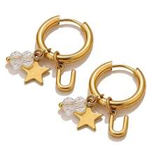 一对低过敏性不锈钢耳环，A-Z 个性化字母星形水晶吊坠耳环，防水不褪色耳饰，女士日常礼物 - 金色 - 查看 22