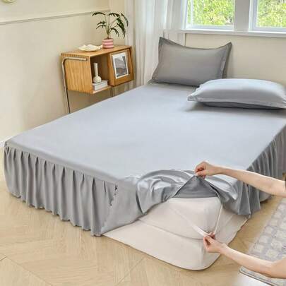 1pc Soft Cloud Series Solid Color Bedding, Elegant Home Decor, Silky Smooth, Pleated Ruffle Trim, Cozy Romantic, Elastic Band Design To Fit Mattress, Suitable For Bedroom, Guest Room, King, Queen, Hotel, Multi-Size, Removable & Machine Washable