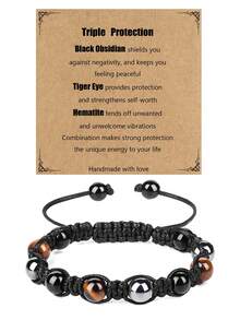 1PC Triple Protection Bracelet, Tigers Eye Black Obsidian And Hematite Beads Bracelet For Men Women,Handmade Crystal Healing Bracelets Bring Luck And Prosperity And Happiness - 1PC - View 8