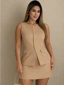 Women's Elegant Tailored Set, Vest, Shorts, Skirt - Beige - View 4
