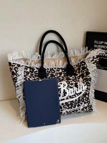 Minimalist Fashionable Canvas Striped Handbag, Shoulder Bag For Women, Large Capacity Casual Tote Bag With Leopard Print & Tassel, New Arrival - Khaki - View 4