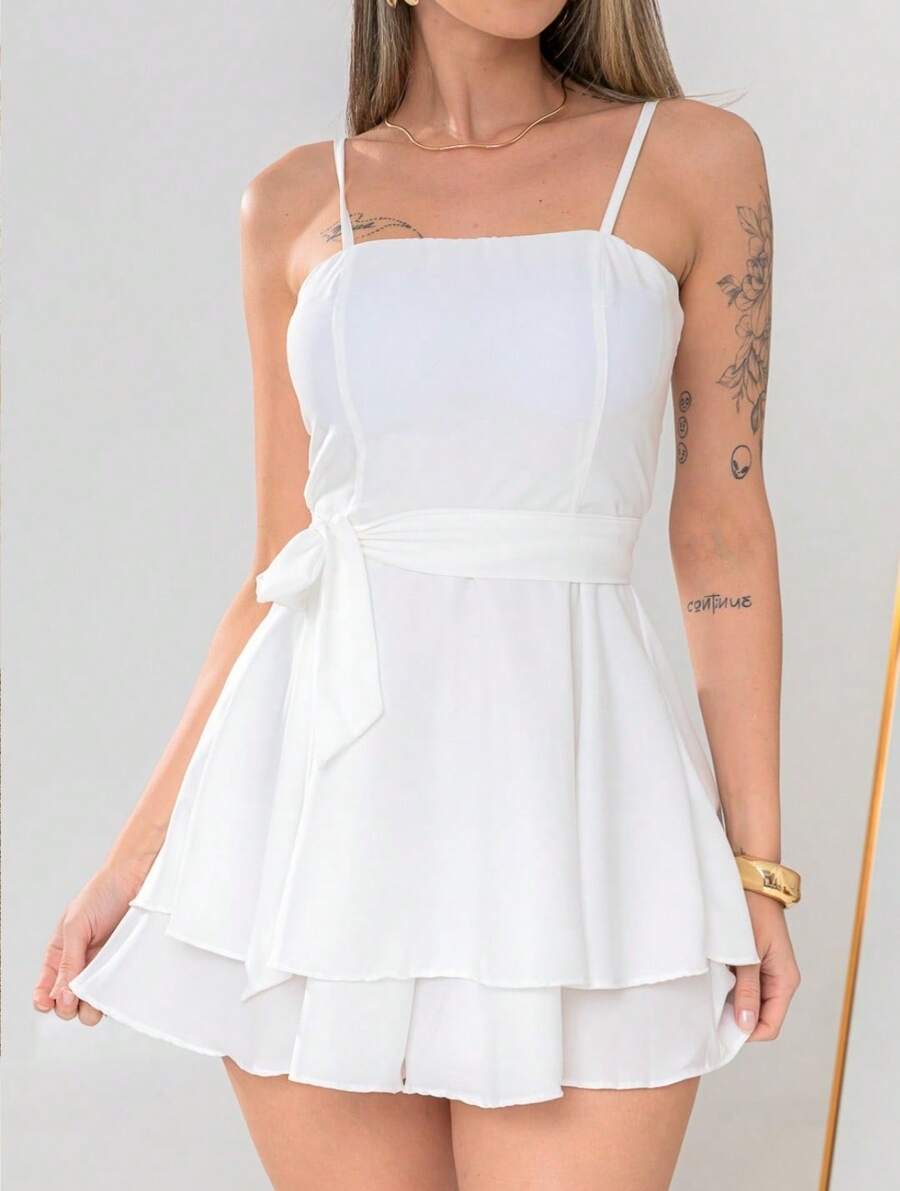 Women's Short Romper Dress With Bow, Solid Colors - 白色 - 查看 1