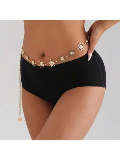 1pc Summer Beach Sun Flower Pattern Women's Waist Belt/Gold Waist Chain, Millennium Accessories Waist Chain, Pants Chain, Multi-Layer Sun & Moon Chain Waist Belt, Women Beach Dress Body Chain, Metal Waist Chain, Boho Waist Beads Pants Chain, Silver Waist Chain, Body Jewelry, Gothic Style Accessories, Western Style Gold Chain Waist Belt, Daily Commute Dress Waist Sash, Suitable For Daily Gatherings And Vacationschain Belts