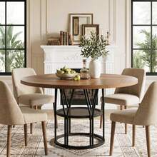 Techigher Round Dining Table For 4-6 People, Circle Kitchen Table, Farmhouse Dinning Room Tables With Storage Shelves & Metal Base, Circle Dinner Table For Kitchen, Living Room - 棕色 - 查看 2