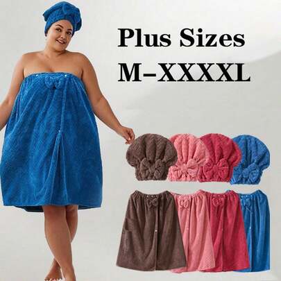 2pcs/Set Extra Large Bath Robe + Adjustable Princess Shower Cap, Size 80*210cm/80*160cm, 350g/Sqm, Quick Drying, Suitable For M-XXXXL, Thick Bathrobe For Home, Hotel, Bathroom, Travel, Sauna, Spa, Party, Swimming Pool, Picnic, All Season, Bathroom Decor