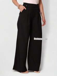 Doutoras Modas Women's Wide-Leg Pants Luis Twill Dressy Style With Elastic Back And Button Detail At The Waist 88400 - 黑色 - 查看 2