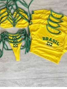 3-Piece Set With Bikini + Cropped Top, Brazil World Cup 2026 Basic Shirt With The Name Of Brazil. - 黃色 - 查看 3