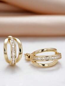1 Pair Women's Charming Cubic Zirconia Hoop Earrings, Suitable For Wedding, Engagement, Anniversary, Party Wear, Valentine's Day Gift - Yellow Gold - View 9