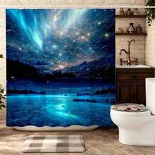 “蓝色极光星空浴帘，令人惊叹的北极光笼罩着冰封的湖面和雪山，防水涤纶浴帘套装，带挂钩，太空景观浴室装饰，天文爱好者的理想之选，梦幻夜空家居装饰，发光效果浴帘” - 深藍 - 查看 1