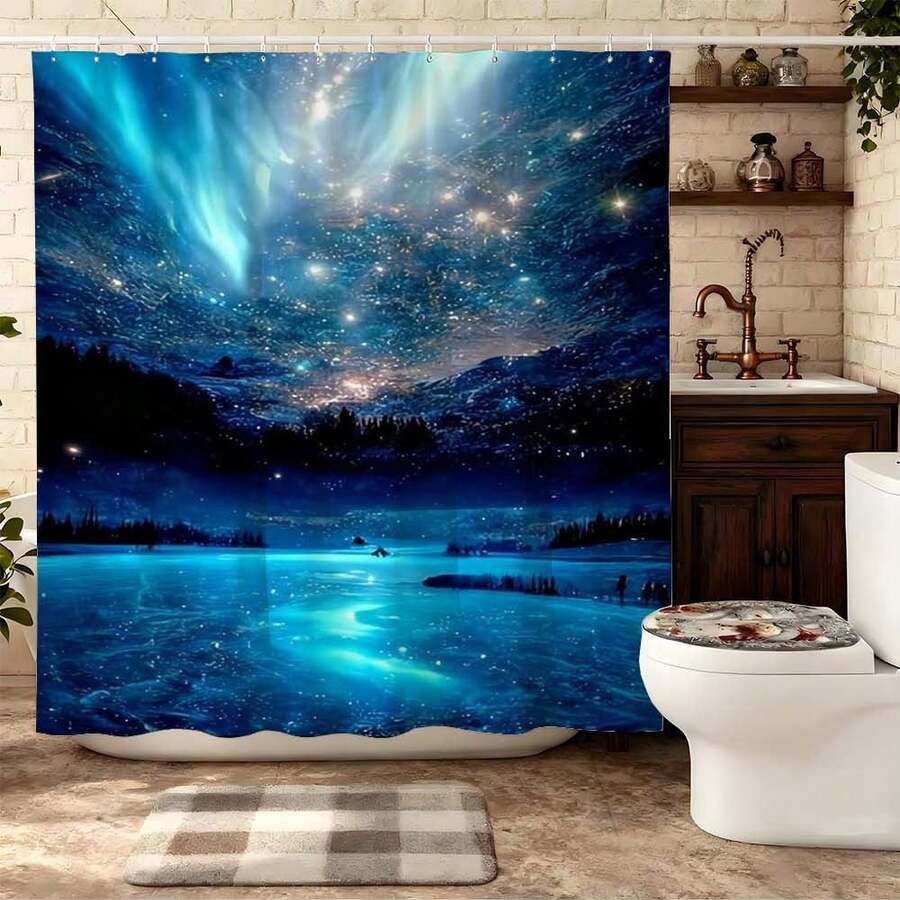 “蓝色极光星空浴帘，令人惊叹的北极光笼罩着冰封的湖面和雪山，防水涤纶浴帘套装，带挂钩，太空景观浴室装饰，天文爱好者的理想之选，梦幻夜空家居装饰，发光效果浴帘” - 深藍 - 查看 1