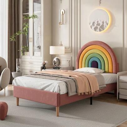 Polsterbett 90*200, Mit Lattenrost Und Kopfteil, Jugendbett, Für Erwachsene & Jugendliche, Holzlattenunterstützung, Einfache Montage, Höhenverstellbares Kopfteil, Samt, Rosa