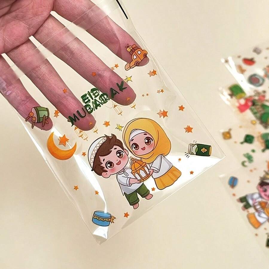 50/100个装绿色透明开斋节包装袋，印有星星、月亮和城堡图案，节日自粘袋，带有阿拉伯风格，四合一混合款 - 适用于斋月和开斋节礼品包装