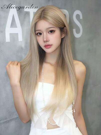 alicegarden 28-Inch Long Straight Lace Front Wig, Middle Part Golden Blonde Color, Natural Looking, Suitable For Everyday Wear